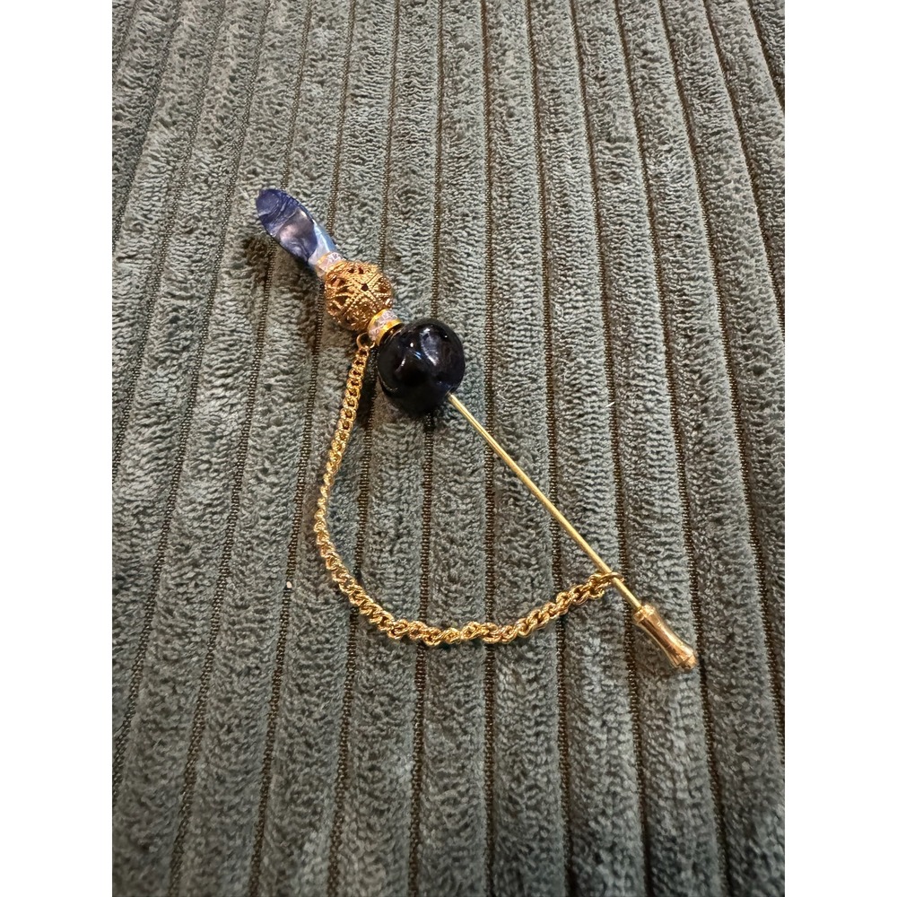 Vintage Style Hat Pin Blue Black Beaded‎ Statement Brooch Gold Tone Chain